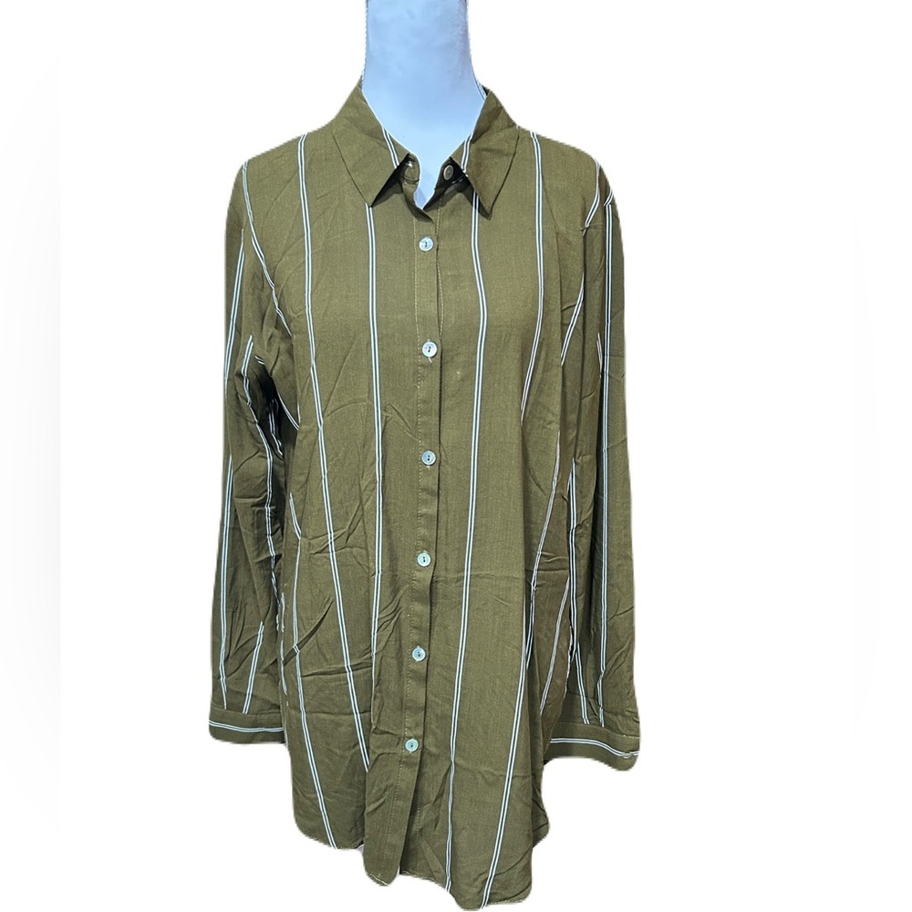 Philosophy Olive Green Striped Button Down Shirt